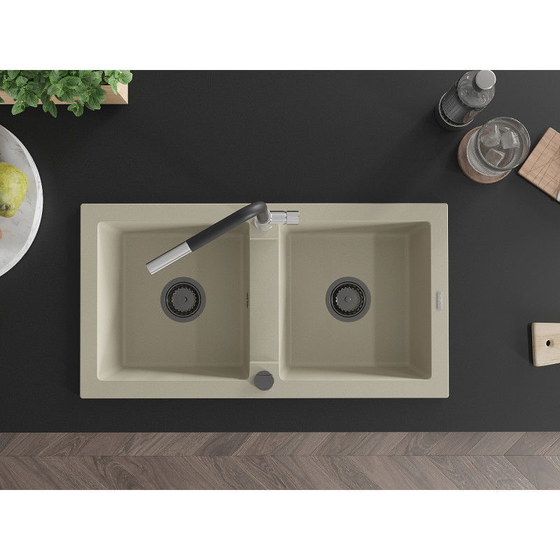 Mexen Mario dvojkomorový granitový drez s kuchynskou batériou Flora, béžový - 6504-69-670401-07-B