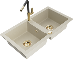 Mexen Mario dvojkomorový žulový drez s kuchynskou batériou Flora, béžový - 6504-69-670401-57-G