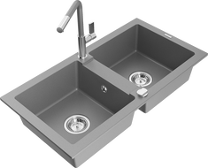 Mexen Mario dvojkomorový granitový drez s kuchynskou batériou Flora, sivý - 6504-71-670401-06