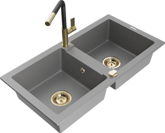 Mexen Mario žulový drez s dvoma komorami s kuchynskou batériou Flora, sivý - 6504-71-670401-57-G