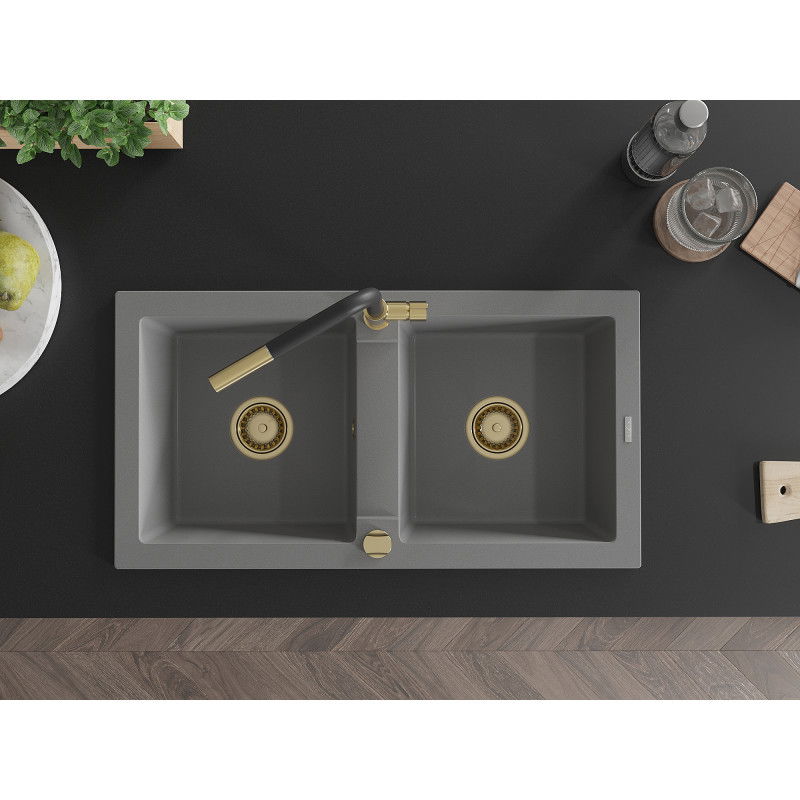 Mexen Mario žulový drez s dvoma komorami s kuchynskou batériou Flora, sivý - 6504-71-670401-57-G