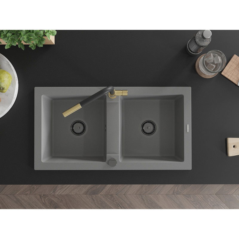 Mexen Mario dvojkomorový žulový drez s kuchynskou batériou Flora, sivý - 6504-71-670401-57-B