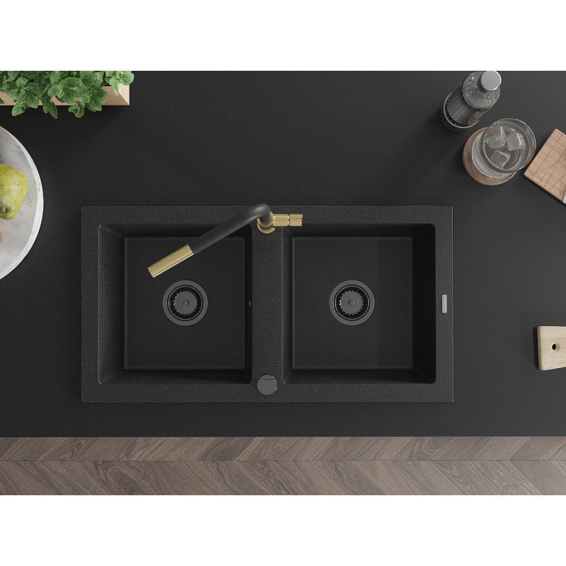 Mexen Mario dvojkomorový granitový drez s kuchynskou batériou Flora, čierny/strieborný metalický - 6504-73-670401-57-B