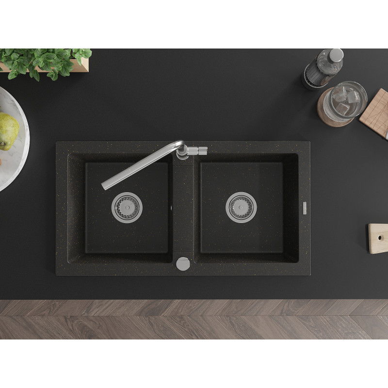 Mexen Mario žulový kuchynský drez 2-komorový s kuchynskou batériou Flora, čierny/zlatý metalik - 6504-75-670401-00