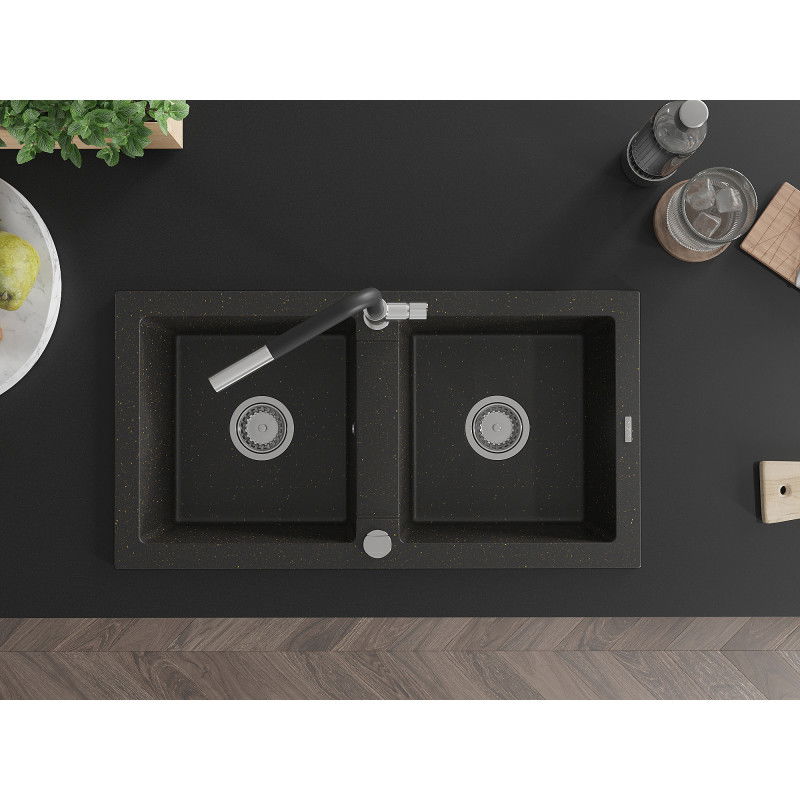 Mexen Mario dvojkomorový kuchynský drez z granitu s kuchynskou batériou Flora, čierny/zlatý metalik - 6504-75-670401-07