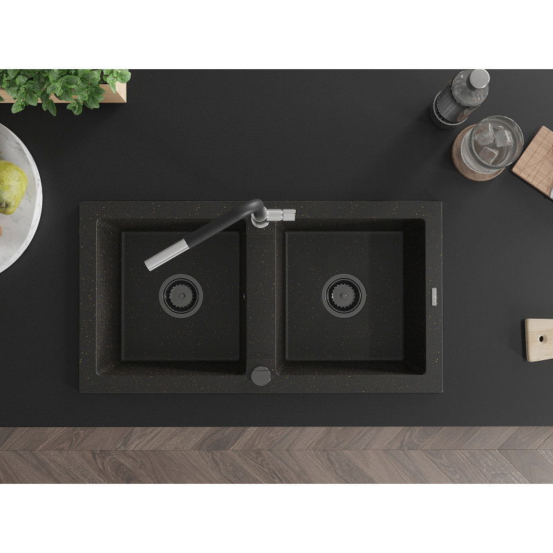 Mexen Mario dvojkomorový žulový drez s kuchynskou batériou Flora, čierny/zlatý metalický - 6504-75-670401-07-B