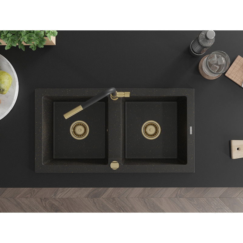 Mexen Mario granitový dvojkomorový kuchynský drez s kuchynskou batériou Flora, čierno/zlatý metalik - 6504-75-670401-57-G