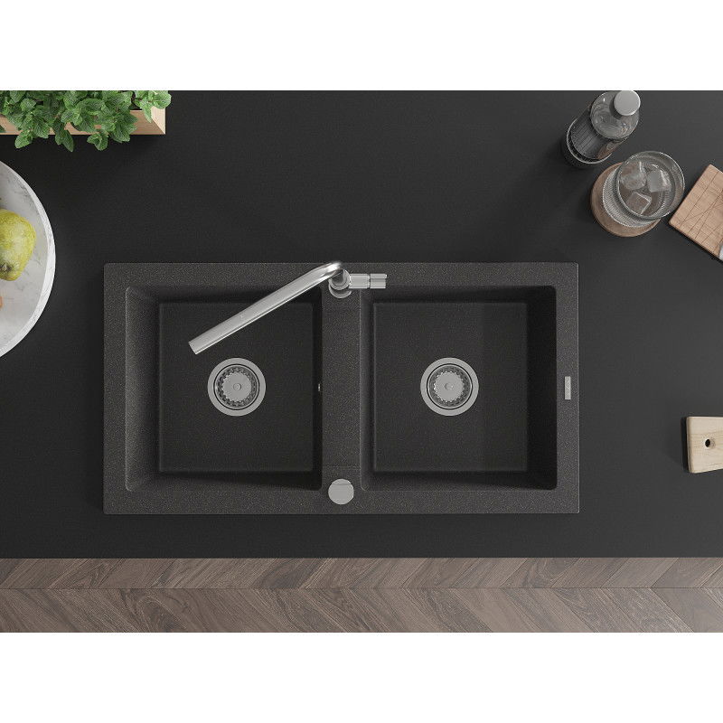 Mexen Mario granitový dvojkomorový drez s kuchynskou batériou Flora, čierny s postriekaním - 6504-76-670401-00