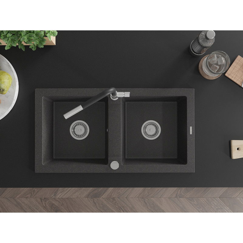 Mexen Mario žulový kuchynský drez s 2 komorami s kuchynskou batériou Flora, čierny bodkovaný - 6504-76-670401-07