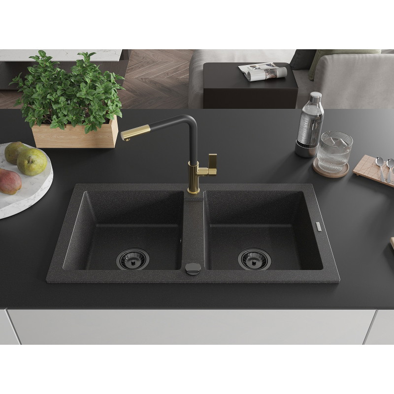 Mexen Mario granitový drez s 2 komorami a kuchynskou batériou Flora, čierny s bodkami - 6504-76-670401-57-B