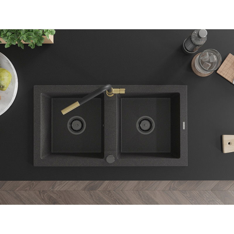 Mexen Mario granitový drez 2-komorový s kuchynskou batériou Flora, čierny škvrnitý - 6504-76-670401-57-B