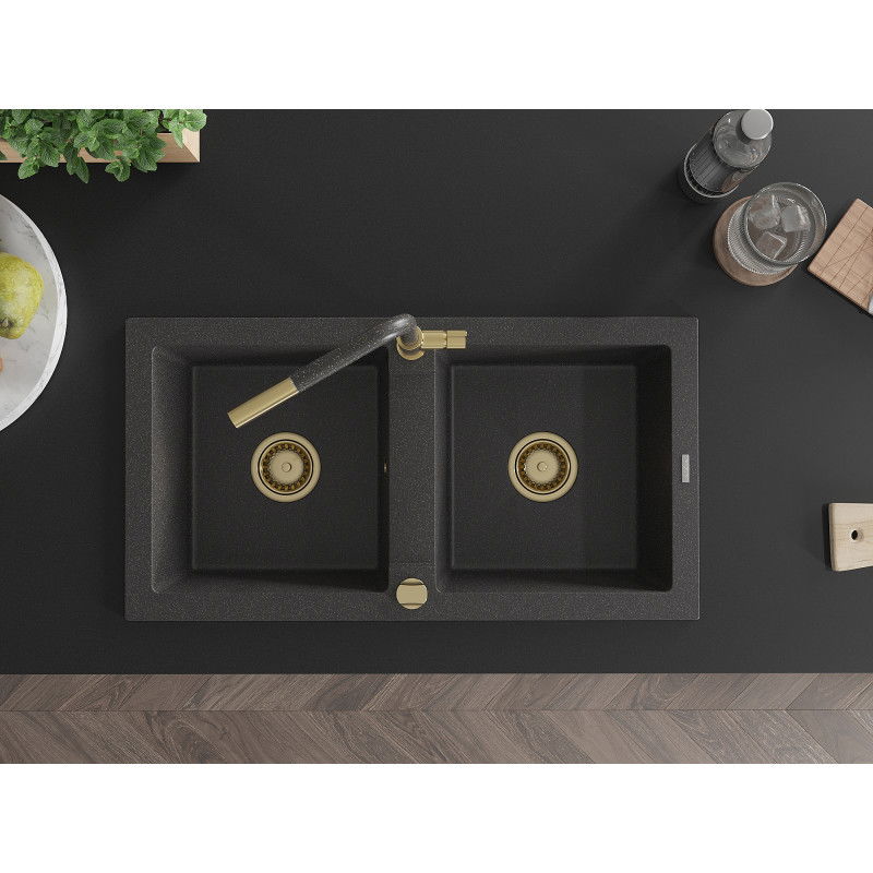 Mexen Mario žulový drez 2-komorový s kuchynskou batériou Flora, čierny fľakatý - 6504-76-670401-75-G