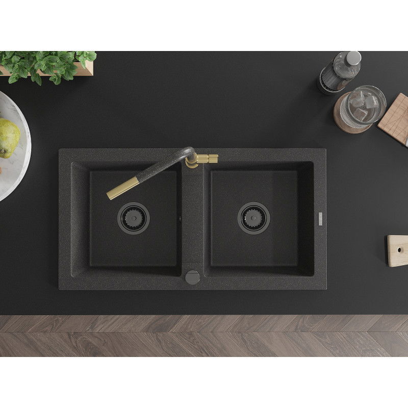 Mexen Mario granitový drez dvojkomorový s kuchynskou batériou Flora, čierny fľakatý - 6504-76-670401-75-B