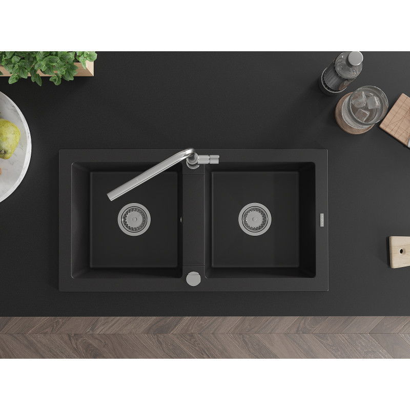 Mexen Mario drez z granitu, 2-komorový s kuchynskou batériou Flora, čierny - 6504-77-670401-00