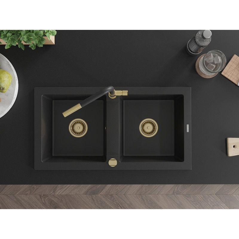 Mexen Mario žulový drez 2-komorový s kuchynskou batériou Flora, čierny - 6504-77-670401-57-G