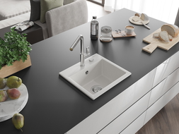 Mexen Milo žulový drez 1-komorový s kuchynskou batériou Flora, biely - 6505-20-670401-00