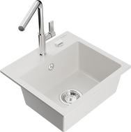 Mexen Milo žulový drez 1-komorový s kuchynskou batériou Flora, biely - 6505-20-670401-00