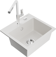 Mexen Milo žulový drez s 1 komorou s kuchynskou batériou Flora, biely - 6505-20-670401-02