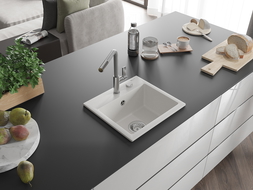 Mexen Milo granitový drez 1-komorový s kuchynskou batériou Flora, biely - 6505-20-670401-06