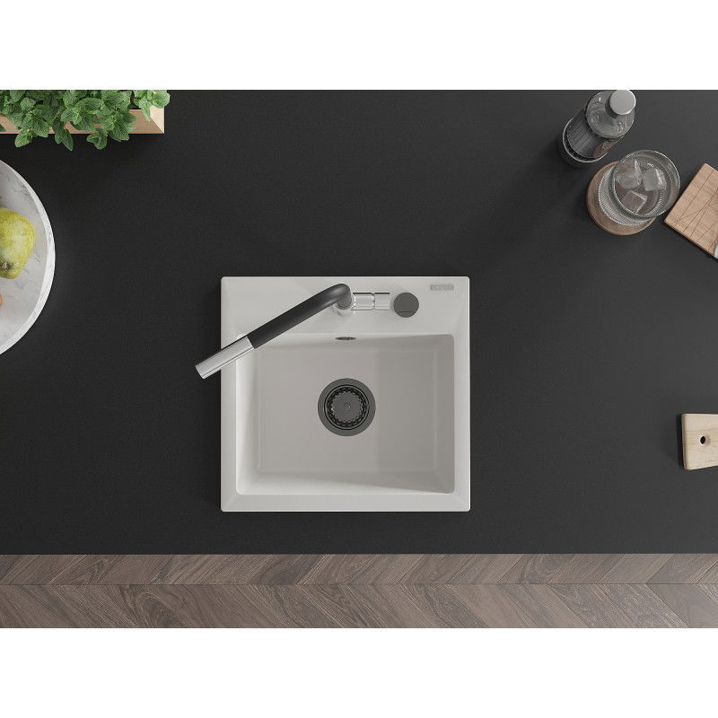 Mexen Milo žulový kuchynský drez s 1-komorou a kuchynskou batériou Flora, biely - 6505-20-670401-07-B