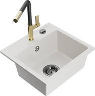 Mexen Milo granitový drez s 1 komorou a kuchynskou batériou Flora, biely - 6505-20-670401-57-B