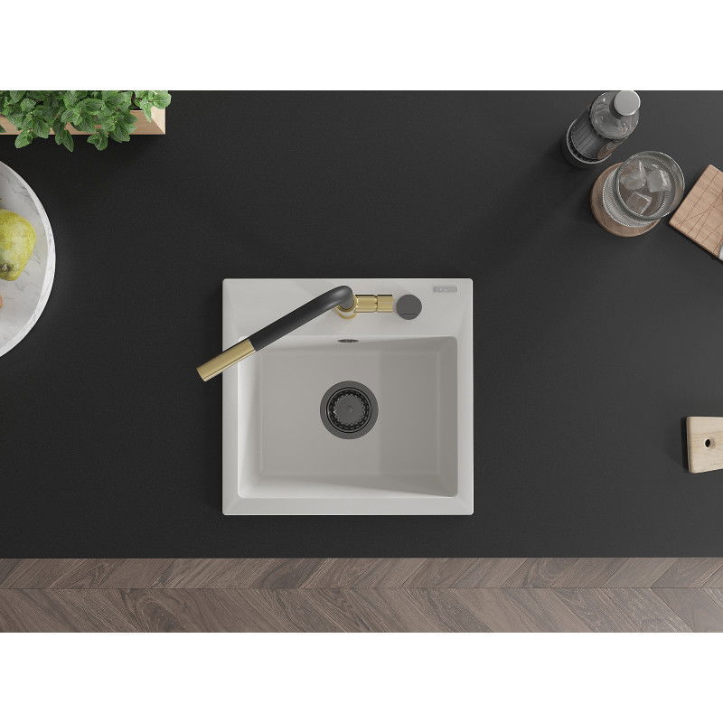 Mexen Milo žulový kuchynský drez s 1 komorou a kuchynskou batériou Flora, biely - 6505-20-670401-57-B