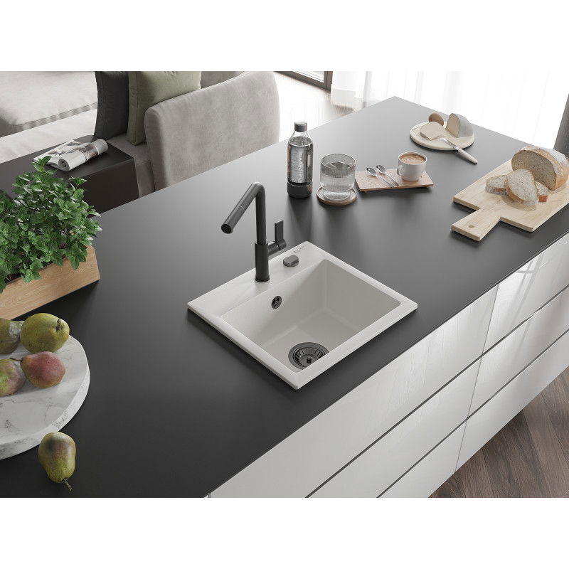 Mexen Milo žulový kuchynský drez 1-komorový s kuchynskou batériou Flora, biely - 6505-20-670401-70-B