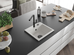 Mexen Milo žulový kuchynský drez 1-komorový s kuchynskou batériou Flora, biely - 6505-20-670401-70-B