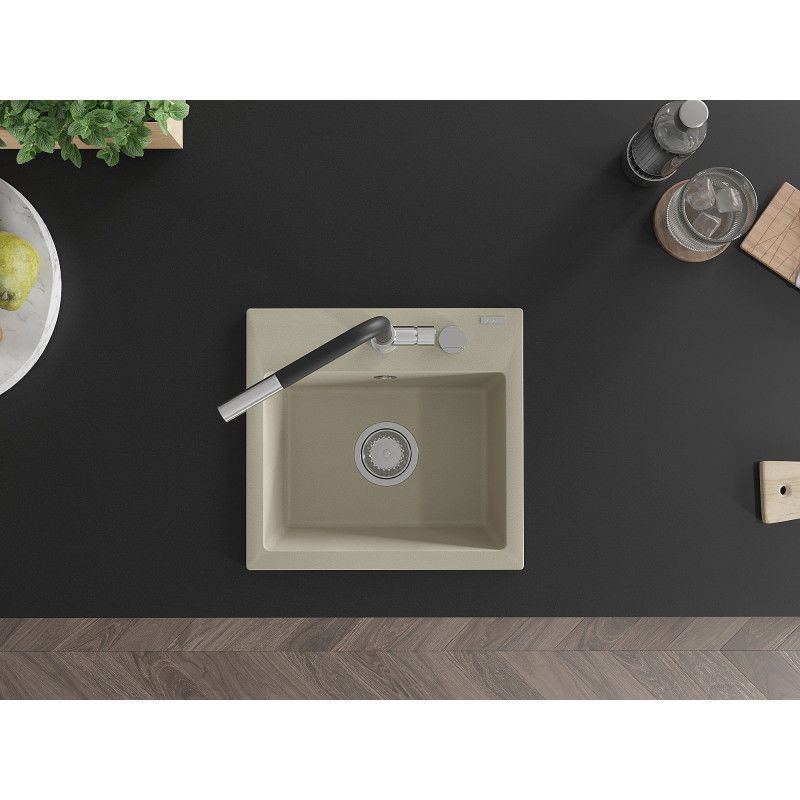 Mexen Milo žulový jednodrezový drez s kuchynskou batériou Flora, béžový - 6505-69-670401-07