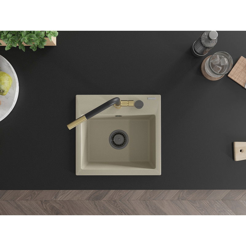 Mexen Milo granitový drez s 1 komorou s kuchynskou batériou Flora, béžový - 6505-69-670401-57-B