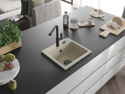 Mexen Milo žulový kuchynský drez 1-komorový s kuchynskou batériou Flora, béžový - 6505-69-670401-70-B