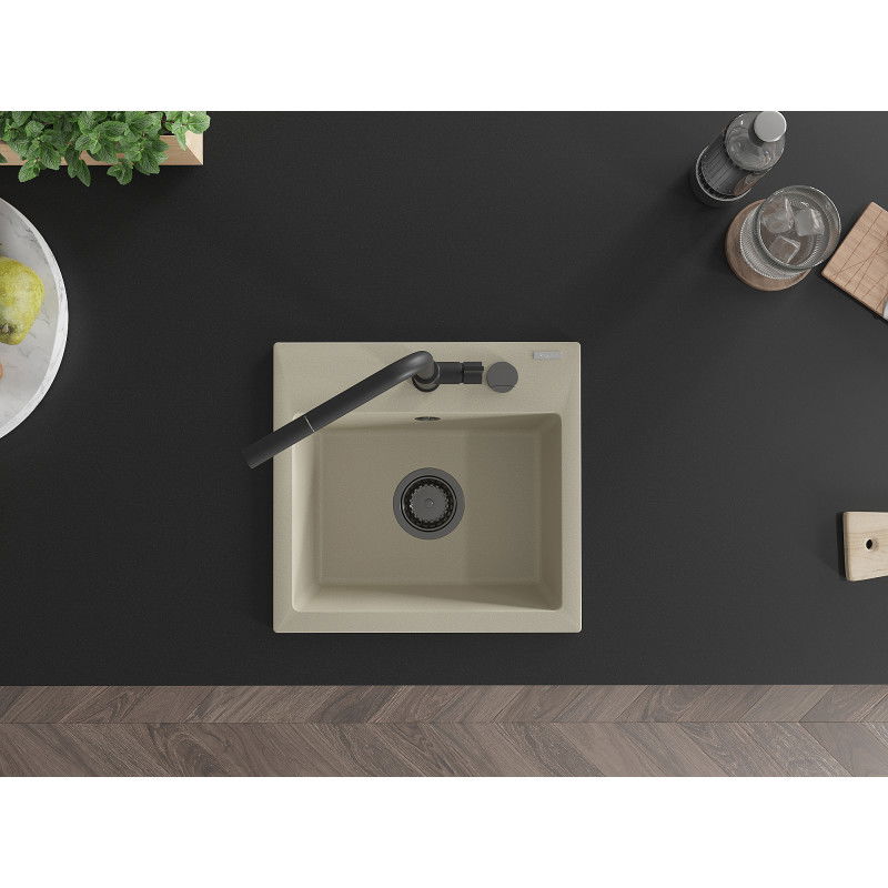 Mexen Milo žulový kuchynský drez 1-komorový s kuchynskou batériou Flora, béžový - 6505-69-670401-70-B