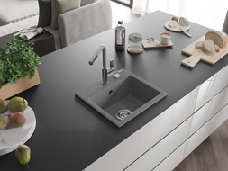 Mexen Milo žulový drez s 1 komorou a kuchynskou batériou Flora, sivý - 6505-71-670401-06