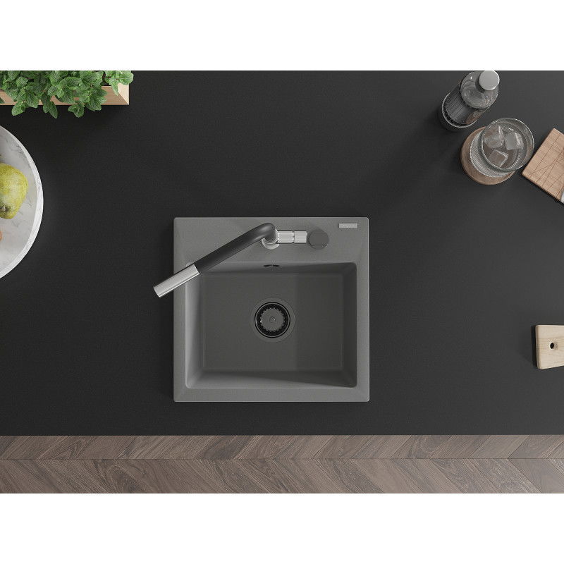 Mexen Milo žulový drez 1-komorový s kuchynskou batériou Flora, sivý - 6505-71-670401-07-B