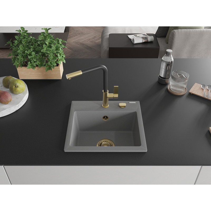 Mexen Milo jednokomorový granitový drez s kuchynskou batériou Flora, sivý - 6505-71-670401-57-G