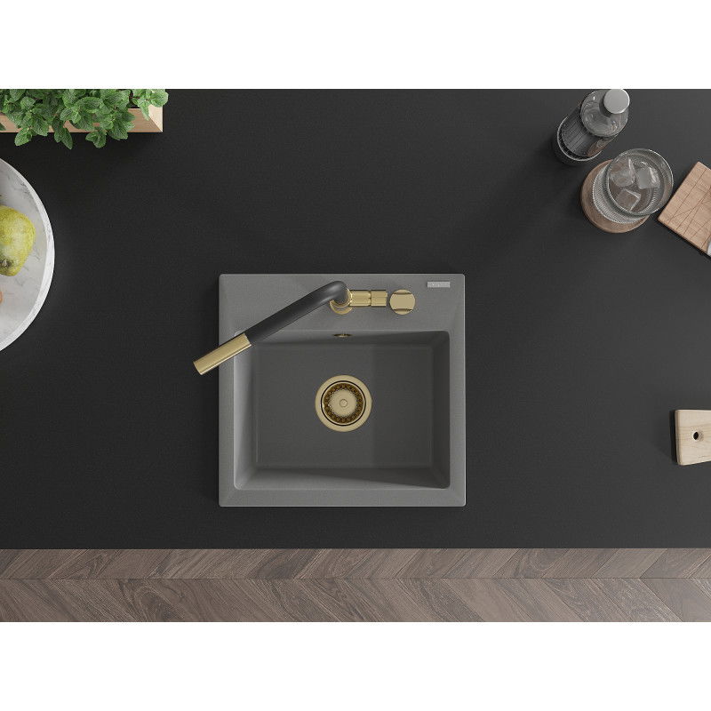 Mexen Milo jednokomorový žulový drez s kuchynskou batériou Flora, sivý - 6505-71-670401-57-G