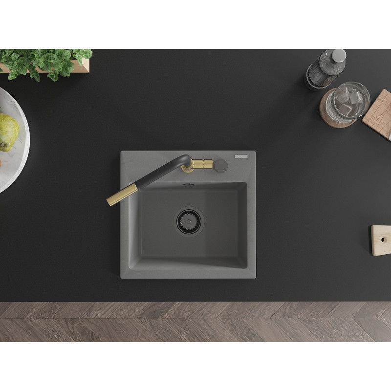 Mexen Milo granitový kuchynský drez s 1 komorou a kuchynskou batériou Flora, sivý - 6505-71-670401-57-B