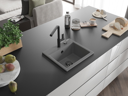 Mexen Milo granitový drez, 1-komorový s kuchynskou batériou Flora, šedý - 6505-71-670401-70-B