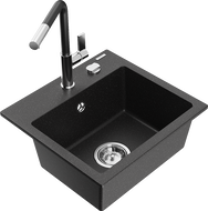 Mexen Milo jednodrezový kuchynský drez s batériou Flora, čierny/strieborný metalický - 6505-73-670401-07