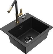 Mexen Milo žulový drez s 1 komorou a kuchynskou batériou Flora, čierna/strieborný metalický - 6505-73-670401-57-B