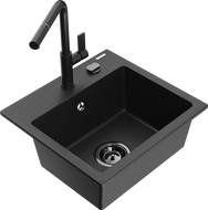 Mexen Milo granitový drez 1-komorový s kuchynskou batériou Flora, čierno/strieborný metalik - 6505-73-670401-70-B