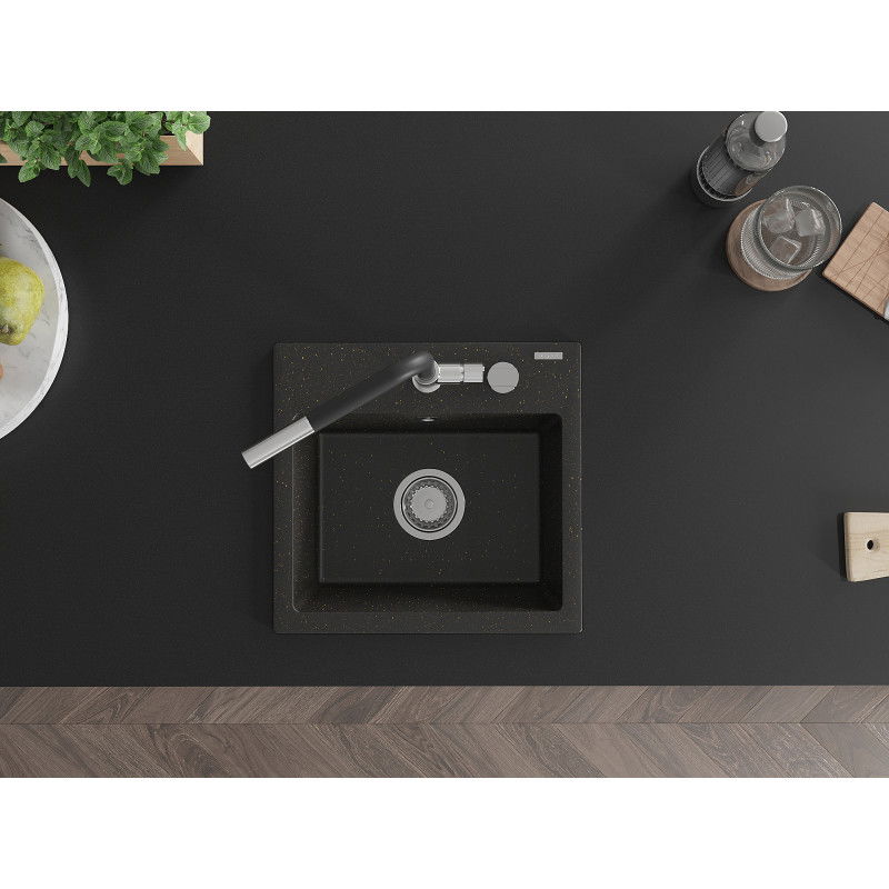 Mexen Milo granitový kuchynský drez s 1 komorou a kuchynskou batériou Flora, čierny/zlatý metalický - 6505-75-670401-07