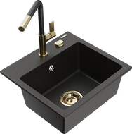 Mexen Milo granitový drez 1-komorový s kuchynskou batériou Flora, čierny/zlatý metalický - 6505-75-670401-57-G