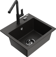 Mexen Milo žulový drez s 1 komorou a kuchynskou batériou Flora, čierny/zlatý metalik - 6505-75-670401-70-B