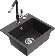 Mexen Milo granitový drez 1-komorový s kuchynskou batériou Flora, čierny s bodkami - 6505-76-670401-07
