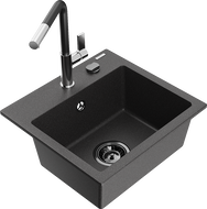 Mexen Milo žulový drez s 1 komorou a kuchynskou batériou Flora, čierny posypaný - 6505-76-670401-07-B