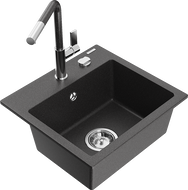 Mexen Milo žulový drez 1-komorový s kuchynskou batériou Flora, čierny/zlatý metalik - 6505-76-670401-08