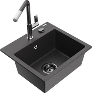 Mexen Milo granitový drez 1-komorový s kuchynskou batériou Flora, čierny škvrnitý - 6505-76-670401-08-B