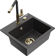 Mexen Milo žulový kuchynský drez s jednou komorou a kuchynskou batériou Flora, čierna škvrnitá - 6505-76-670401-57-G