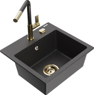 Mexen Milo granitový drez 1-komorový s kuchynskou batériou Flora, čierny s fŕkaním - 6505-76-670401-75-G